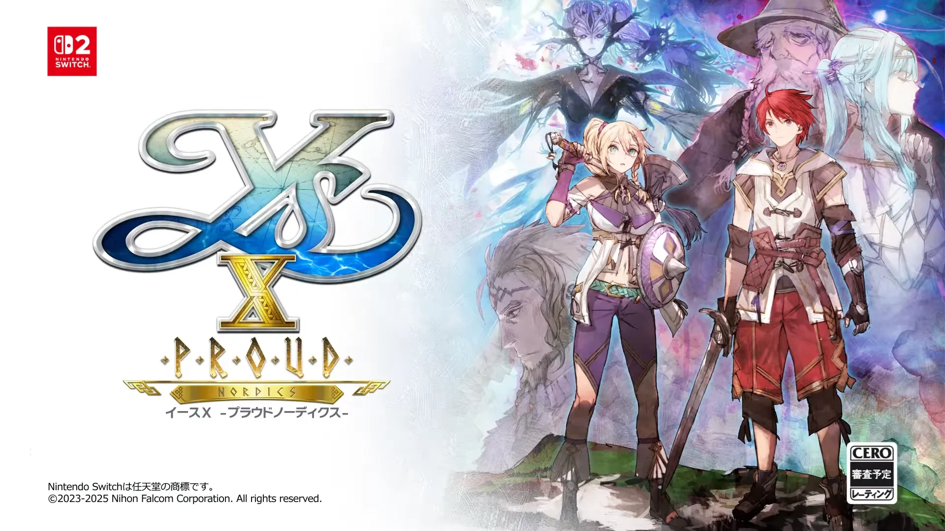 The key art for Ys X: Proud Nordics, showing two main anime-style characters (one red-haired, one blonde) in the foreground with swords, and several ethereal, ghostly figures in the background, including a large monster, against a blue and purple backdrop.